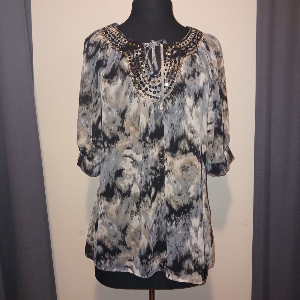 Y2K Mushkaby Sienna Rose Grey Tie Dye Embellished Boho Festival Sheer Blouse M